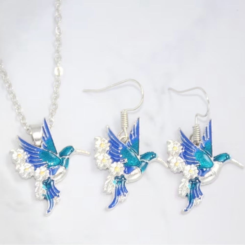 Blue & Silver Hummingbird Earrings Set.